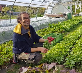 Sascha Müller kniet in Gemüsebeet