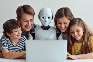 Familie und Roboter sitzen gemeinsam vor einem Notebokk